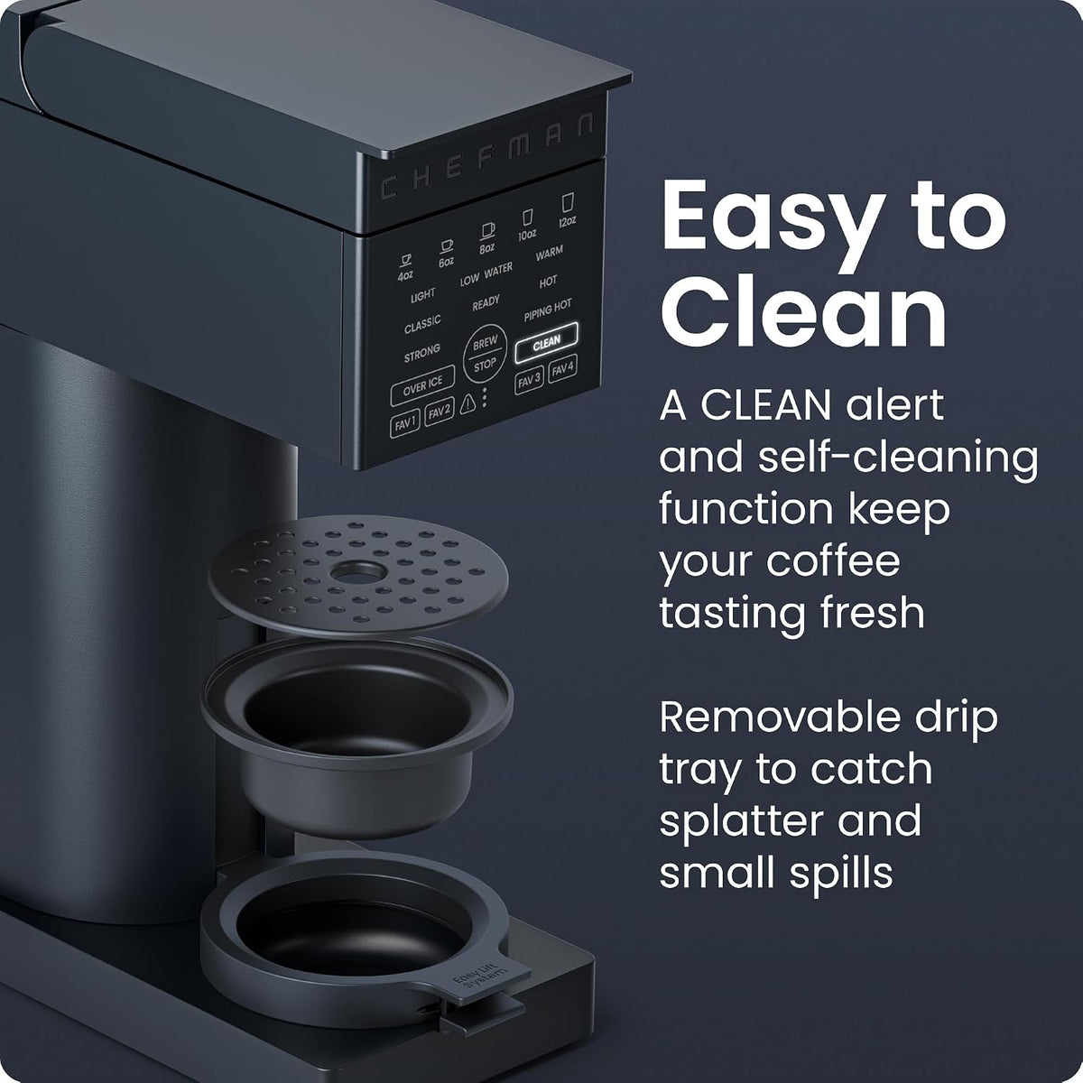 Chefman Caffeinator - Cafetera de una sola porción, Kcups y molidos, cafetera de goteo con ajustes de fuerza de preparación, función de café helado, depósito de agua extraíble de 45 onzas