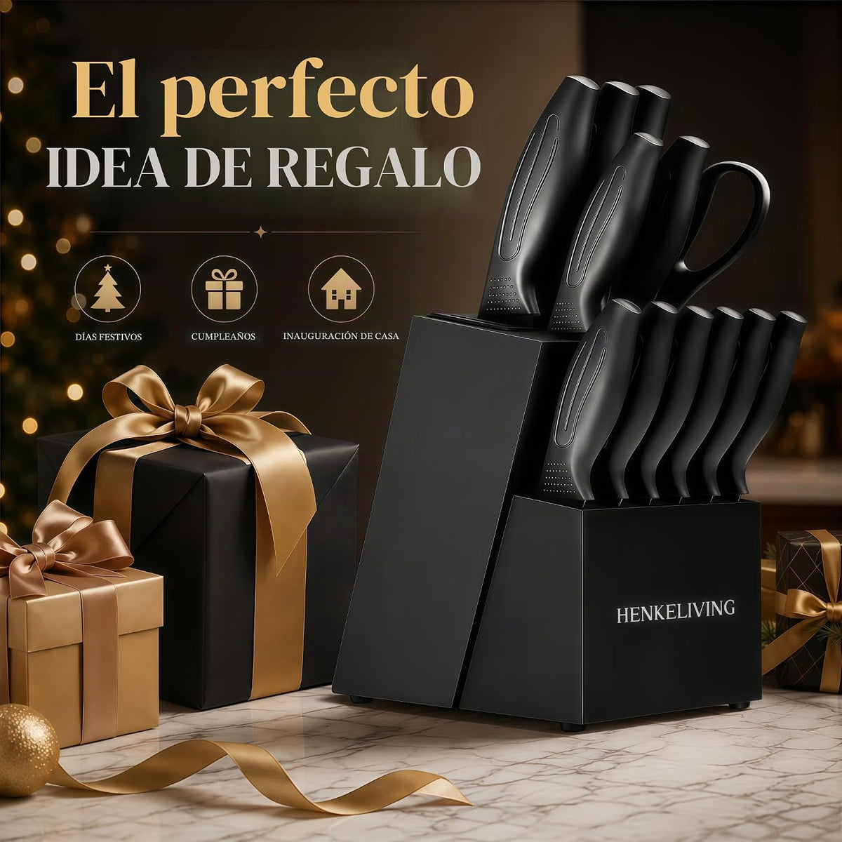 Juego de cuchillos con bloque afilador integrado, apto para lavavajillas
