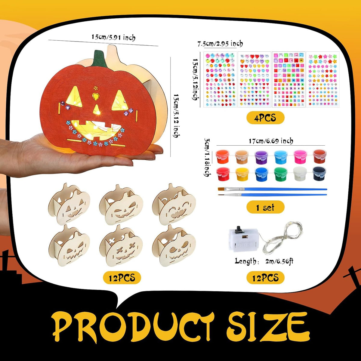DoubleFill Kit de 12 Faroles de Madera Calabaza para Manualidades de Halloween con Pintura
