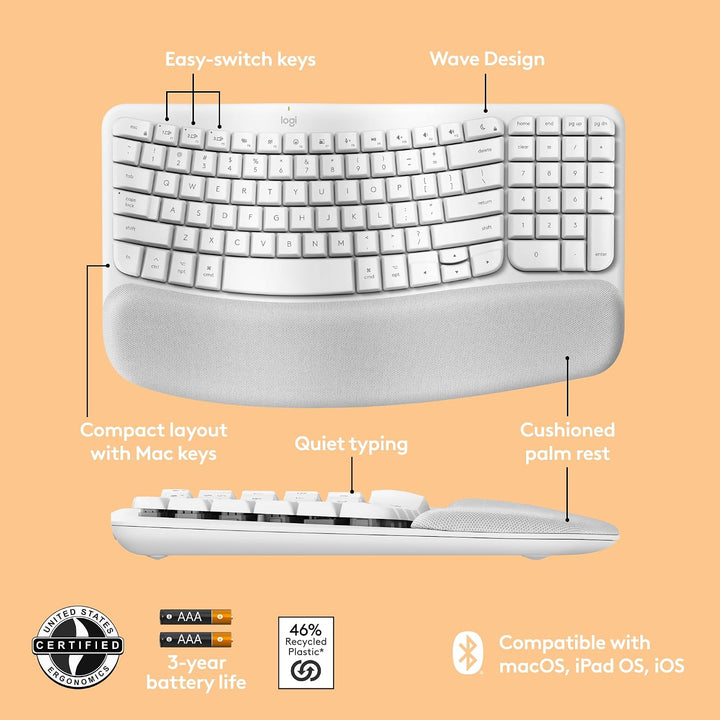 Logitech Wave Keys para Mac, Teclado Inalámbrico Ergonómico con Rep...