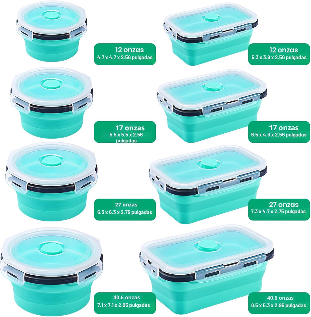 Sudaya Paquete de 8 recipientes plegables de almacenamiento de alimentos con tapas, juegos de recipientes de almacenamiento plegables de silicona para camping, accesorios de caravana, remolque de viaje imprescindible