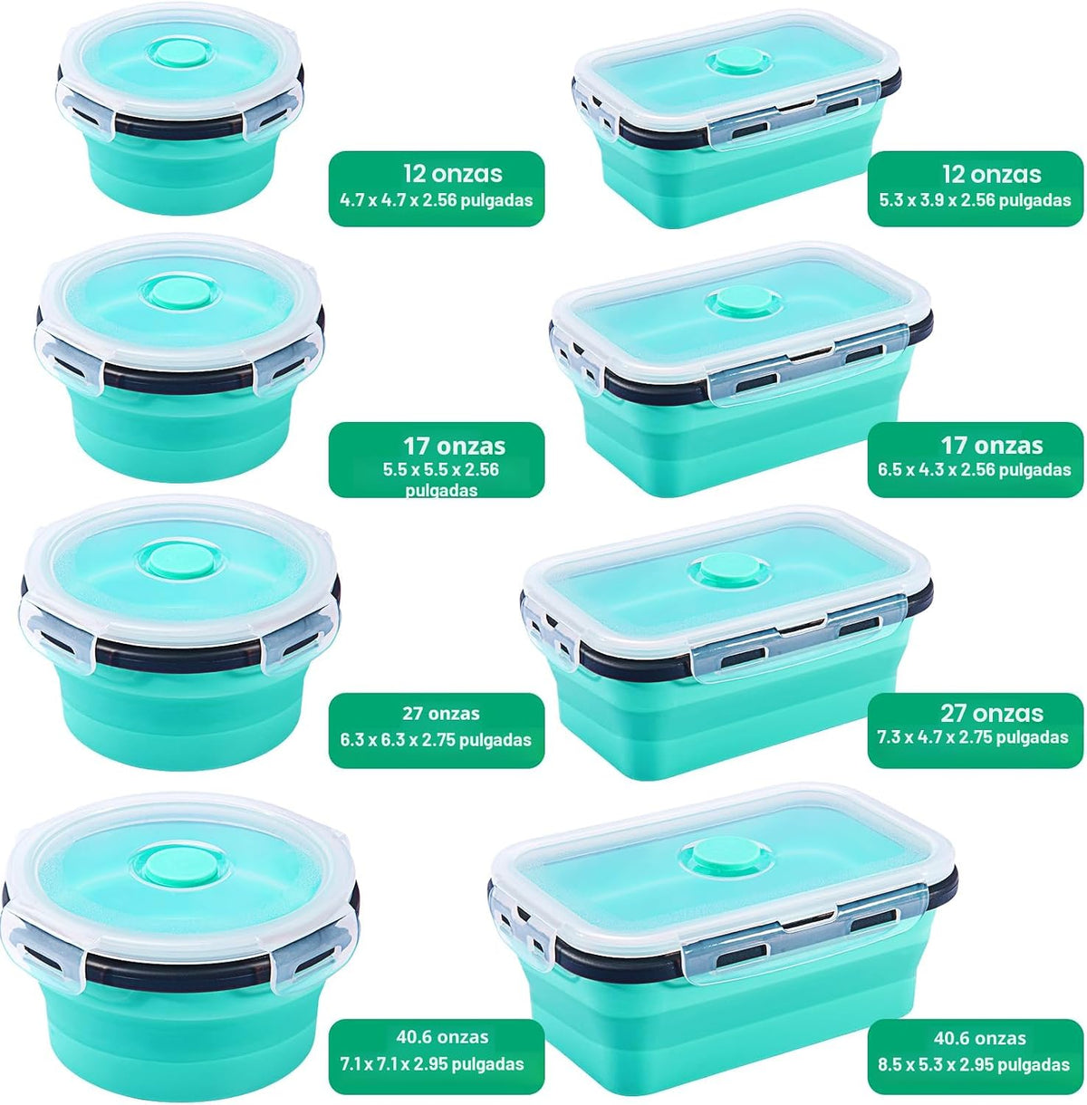 Sudaya Paquete de 8 recipientes plegables de almacenamiento de alimentos con tapas, juegos de recipientes de almacenamiento plegables de silicona para camping, accesorios de caravana, remolque de viaje imprescindible