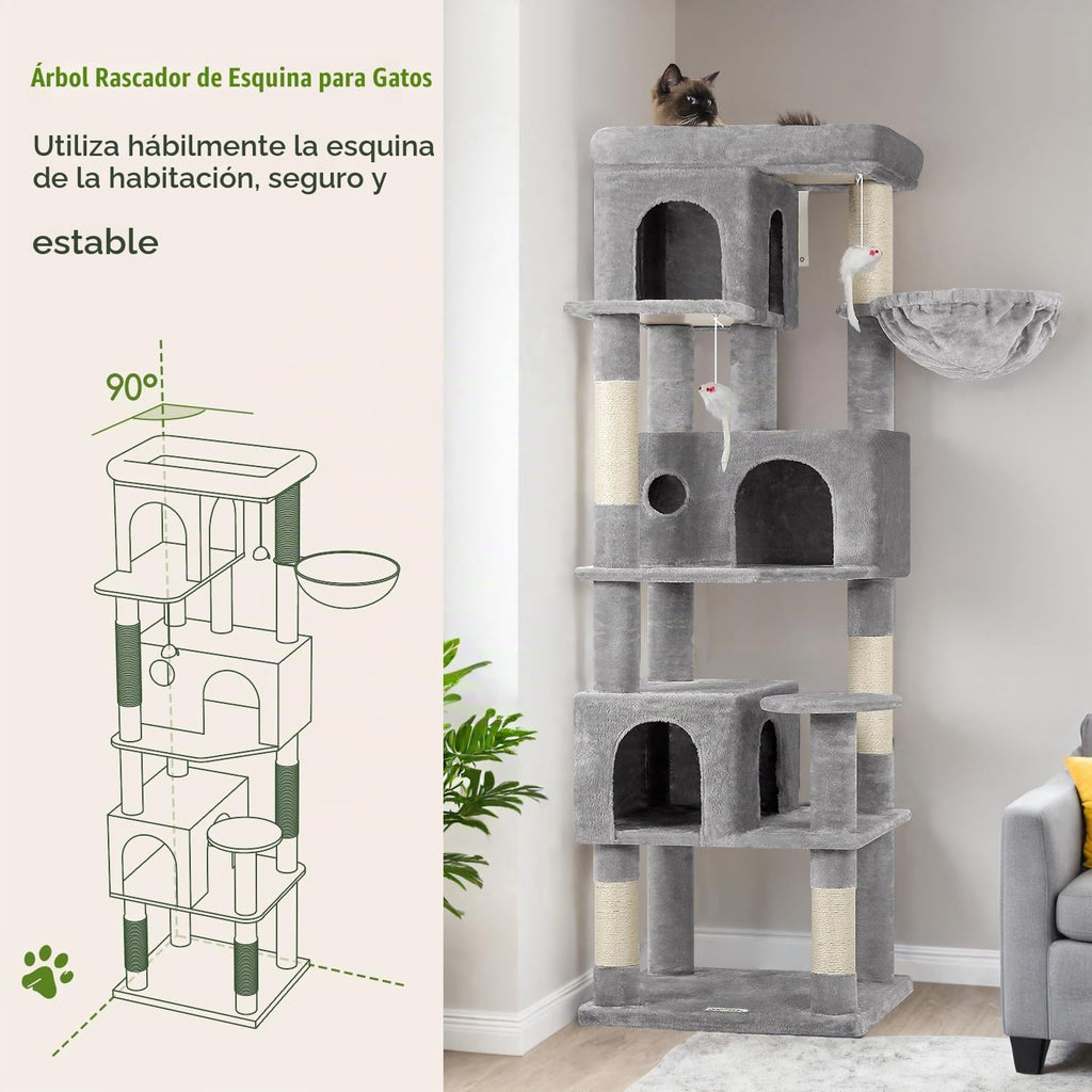 Globlazer Árbol para Gatos de Esquina de 66 pulgadas Torre de Escalada Multinivel Condominios para Gatitos Torre Rascadora para Múltiples Gatos de Interior con Plataforma Grande, 3 Cuevas para Gatos