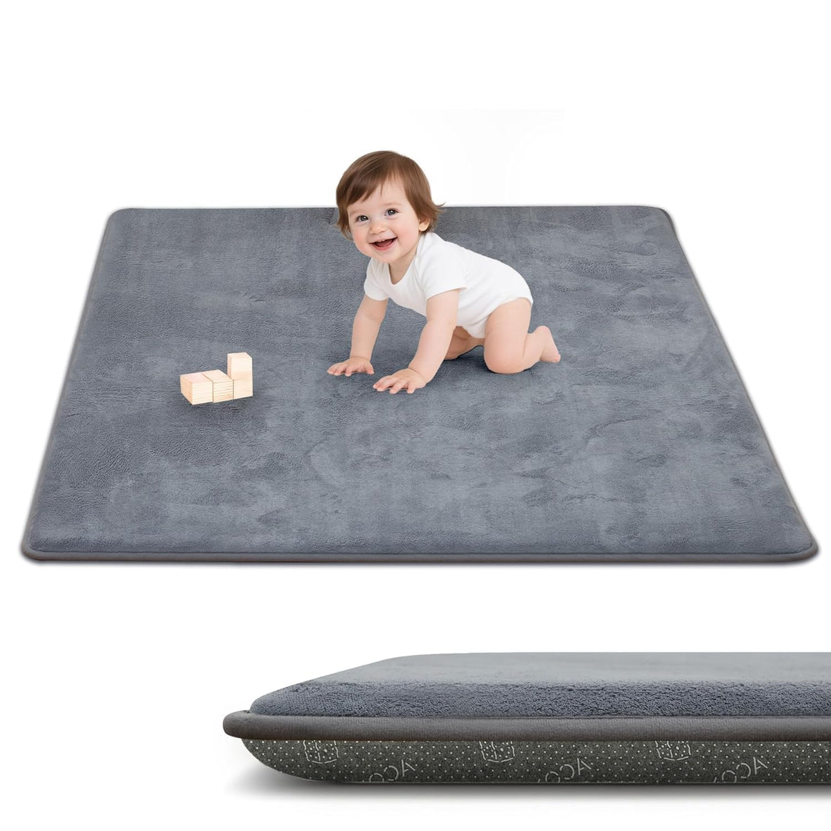 ACOMOPACK Tapete de juego para bebé de 1.3 pulgadas de grosor para piso, 50 x 50 pulgadas, tapete de espuma viscoelástica repelente al agua para el tiempo boca abajo, alfombra de terciopelo suave antideslizante para niños, niños pequeños y bebés gateando