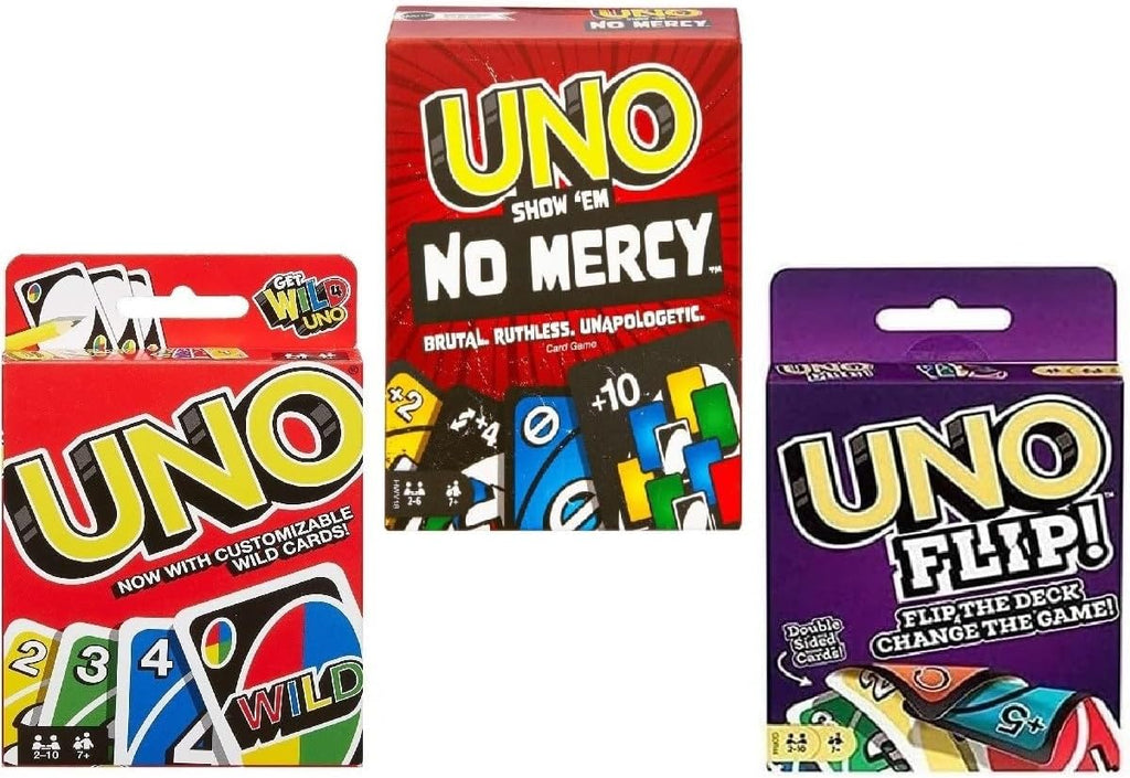 Mattel Juego de cartas Uno No Mercy, Uno y Flip, paquete combinado de 3