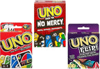 Mattel Juego de cartas Uno No Mercy, Uno y Flip, paquete combinado de 3