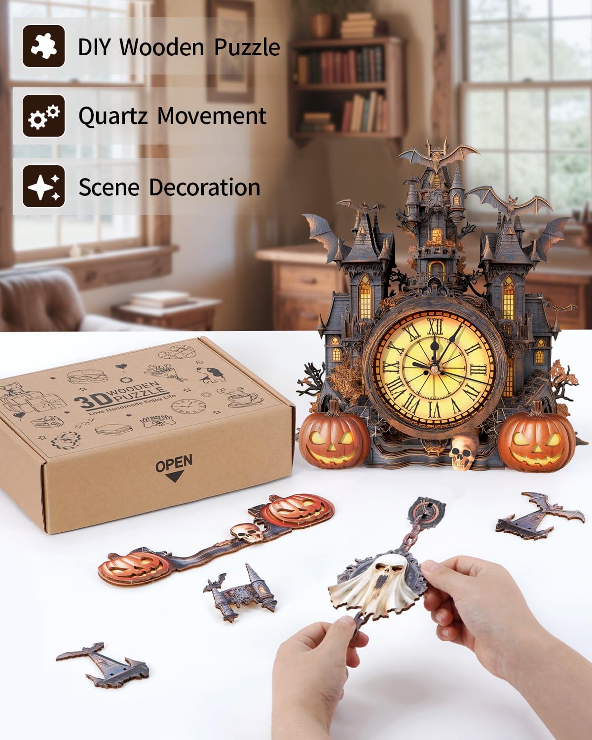 Rompecabezas 3D para adultos, kit de modelo de reloj de cabaña de Halloween