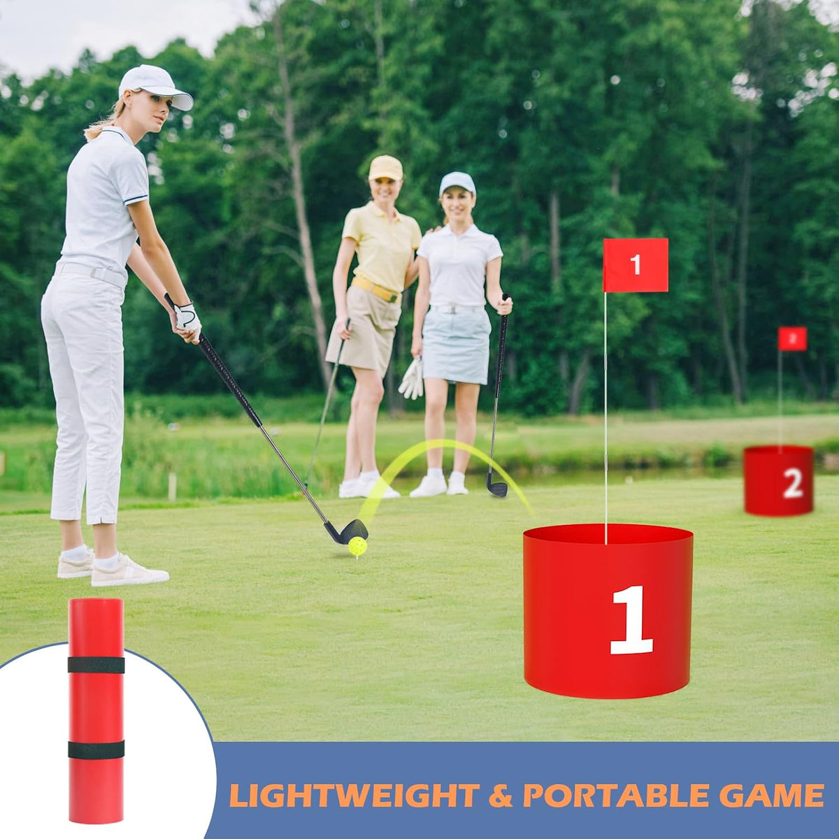 Juego de golf, juego de patio de 9 agujeros para adultos al aire libre/interior, juego de golf de batalla de plástico duradero con bolas, banderas y frisbee - para césped, playa, campamento
