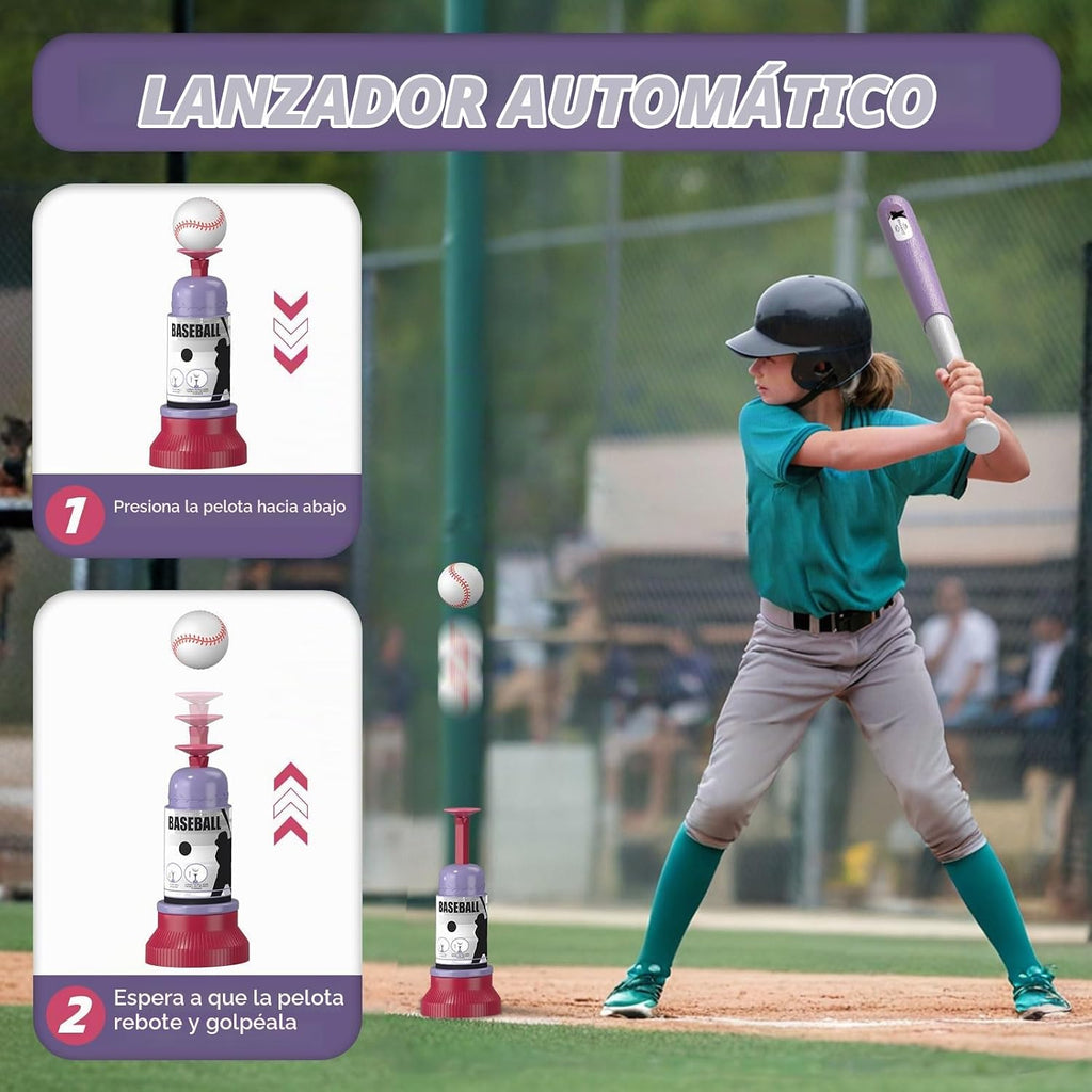 Juego de Pelota T 3 en 1 - Altura Ajustable, Juego de Pelota T Colgante con Máquina de Lanzamiento Automático/6 Pelotas/Bate Retráctil, Soporte de Pelota T Adecuado para Exteriores