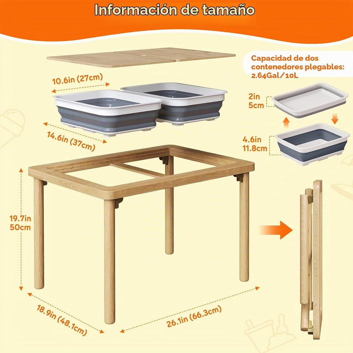 FUNLIO Mesa sensorial plegable de madera con 2 contenedores para niños pequeños, mesa sensorial para niños con tapa de madera contrachapada antideformación, juego de arena y agua para interiores y exteriores, certificado CPC