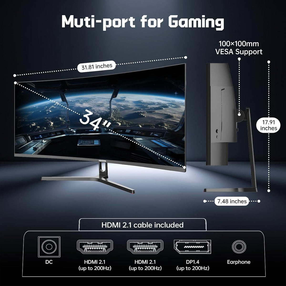 Hikers Monitor curvo para juegos de 34 pulgadas UWQHD 200Hz HDMI 2....