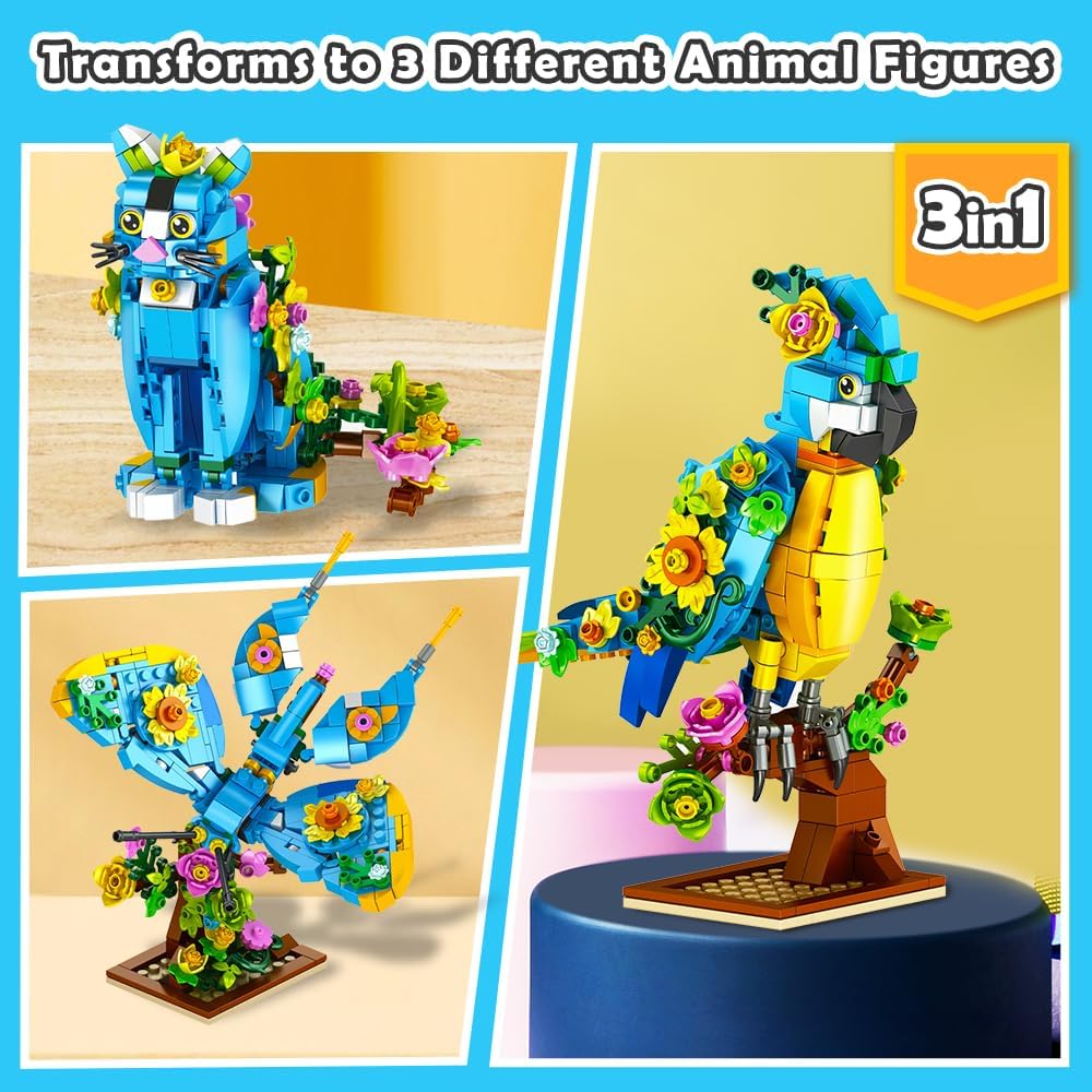 Juego de construcción 3 en 1 diseño de flores gatos loros