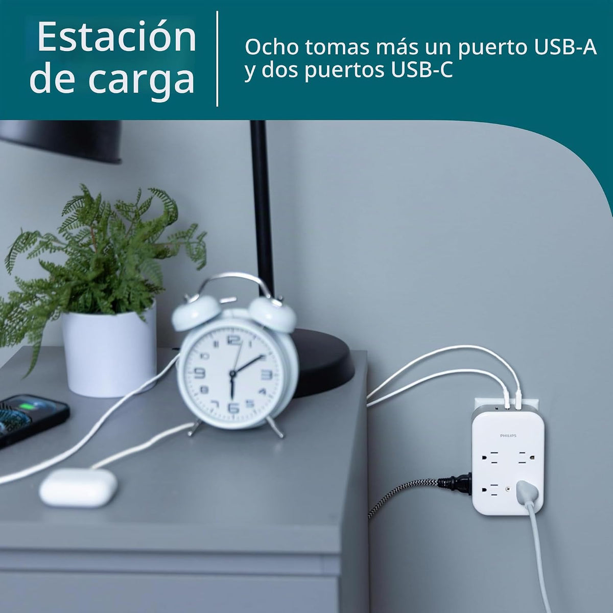 Philips Enchufe contra sobretensiones todo en uno con USB, 4 tomas con conexión a tierra y 4 tomas polarizadas, 2 puertos USB-C y 1 puerto USB-A, 15W compartidos, 1140 julios, certificado ETL, blanco