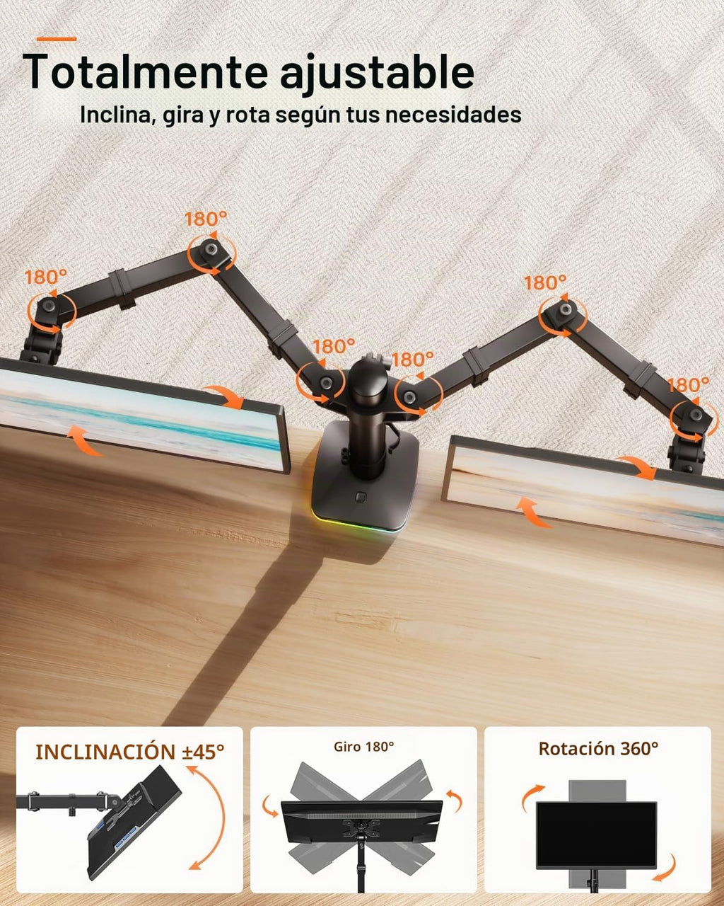 Afaloona Brazo de monitor dual RGB con concentrador USB, soporte de