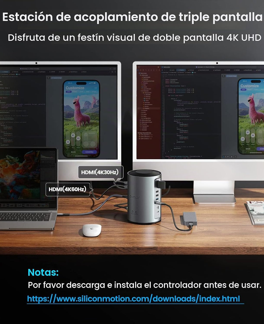 ORICO Estación de acoplamiento para monitor triple USB-C con 3 puertos HDMI, base USB C 15 en 1 para MacBook Pro M1/M2/Windows, 7 puertos USB, Ethernet, 100 W PD, lector de tarjetas SD/TF, audio de