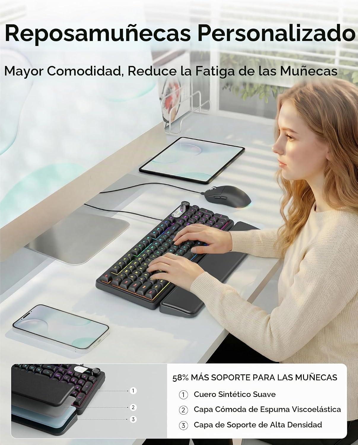 EWEADN Combo de teclado y mouse con cable con reposamuñecas desmont...