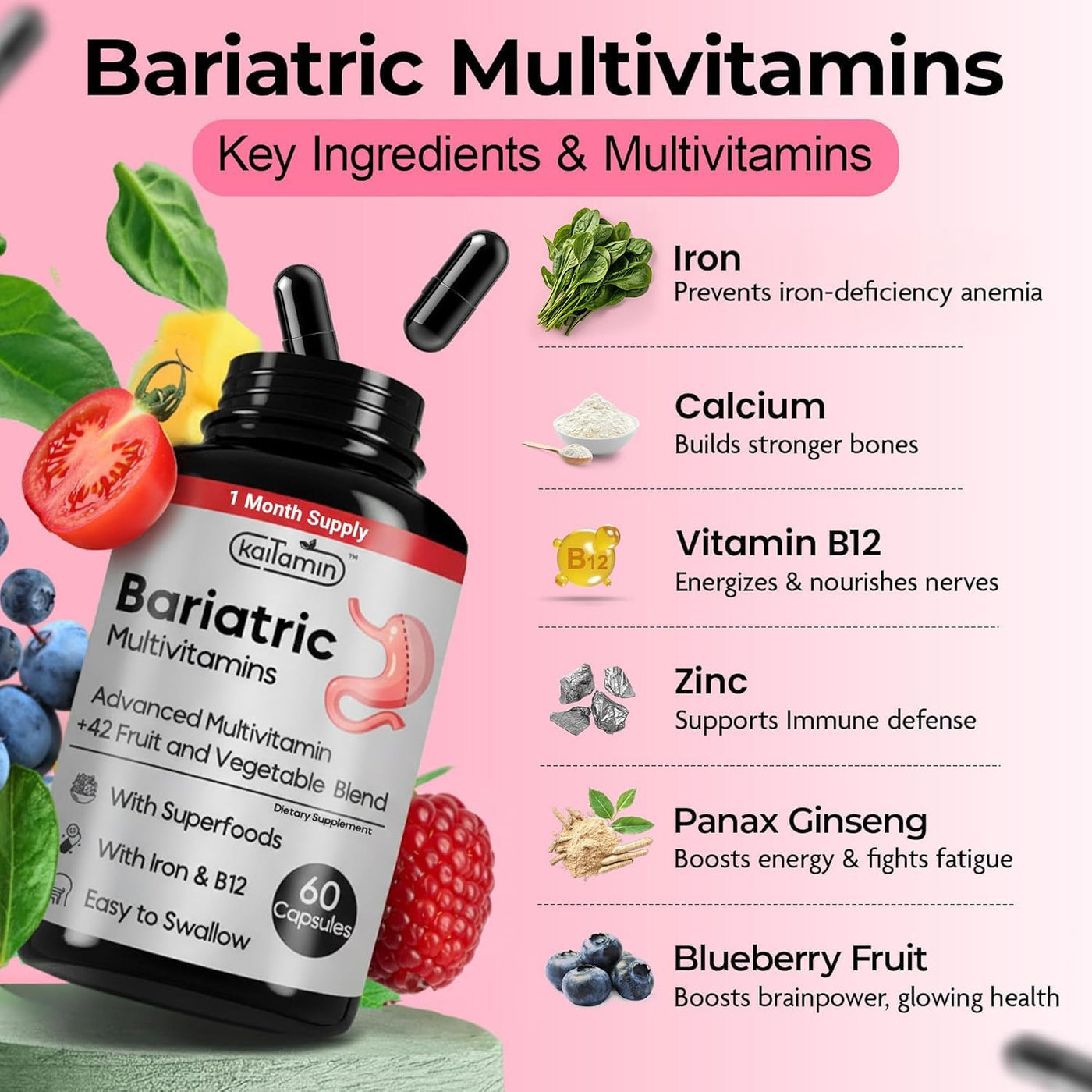 Kaitamin Multivitamínico Bariátrico con Hierro - Cápsula Fácil de T...
