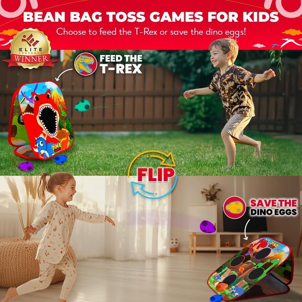 Swooc Games® - Dino Frenzy | Juegos de Corn Hole 2 en 1 para niños | Configuración de 5 segundos | Juego de lanzamiento de bolsas de frijoles de dinosaurio para niños | Juego de Cornhole para niños |