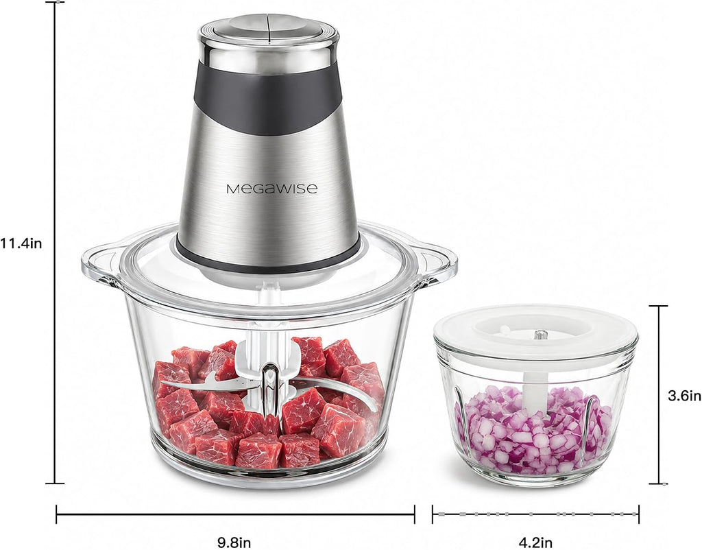 MEGAWISE Procesador de alimentos con potente motor de núcleo de cobre de 500 W, picadora eléctrica de alimentos con picadora de carne y picadora de verduras, 2 cuencos (cuencos de vidrio de 0.6 L y 3 L), cuchillas de doble capa para frutas/carne/nueces