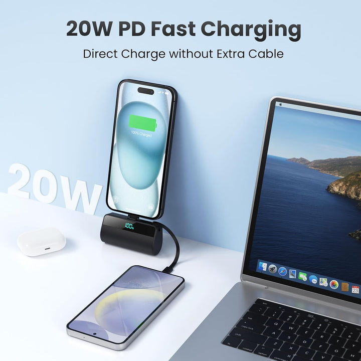 Cargador portátil mini para iPhone con cable USB C incorporado, bat...