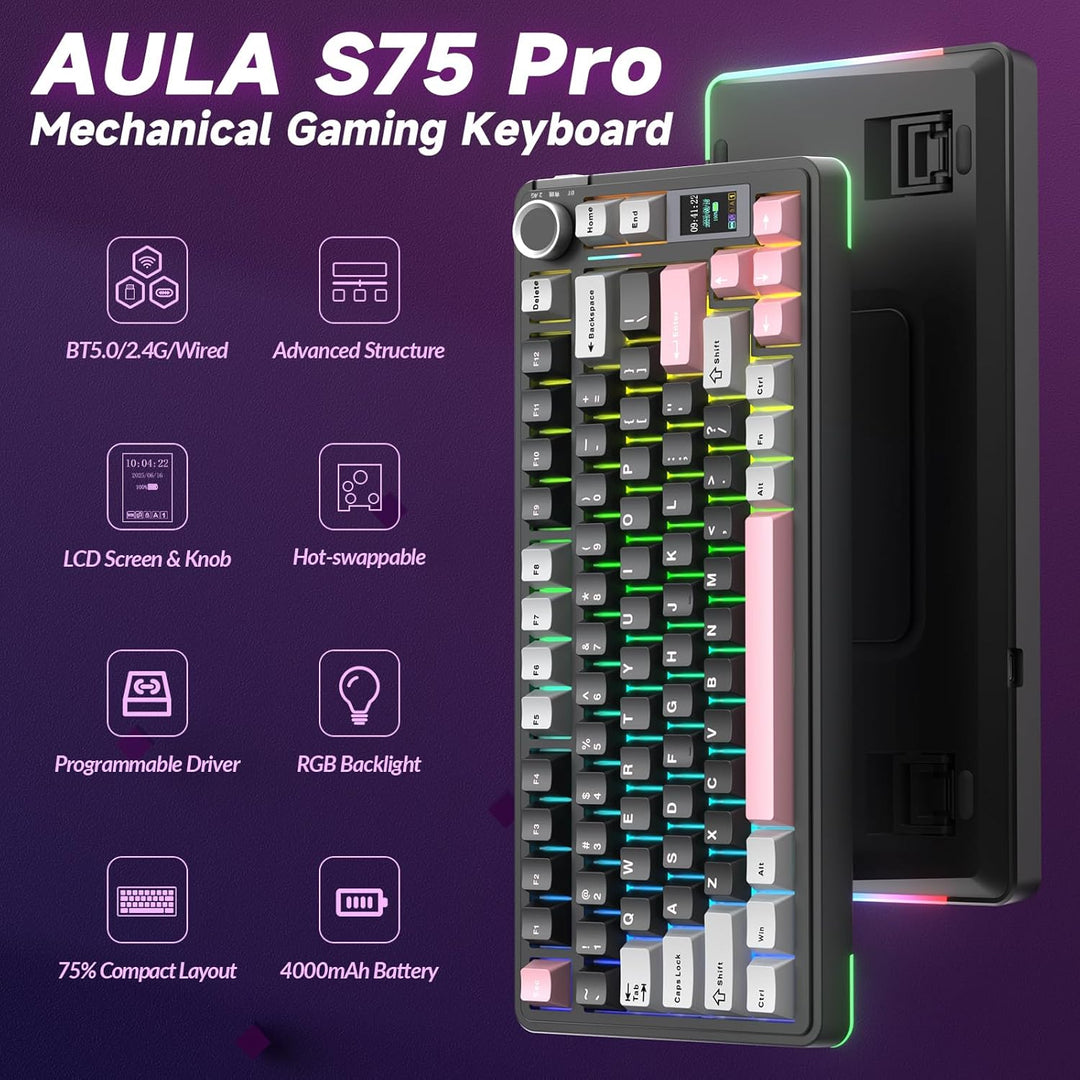 AULA Teclado mecánico inalámbrico S75 PRO con pantalla y perilla, 7...