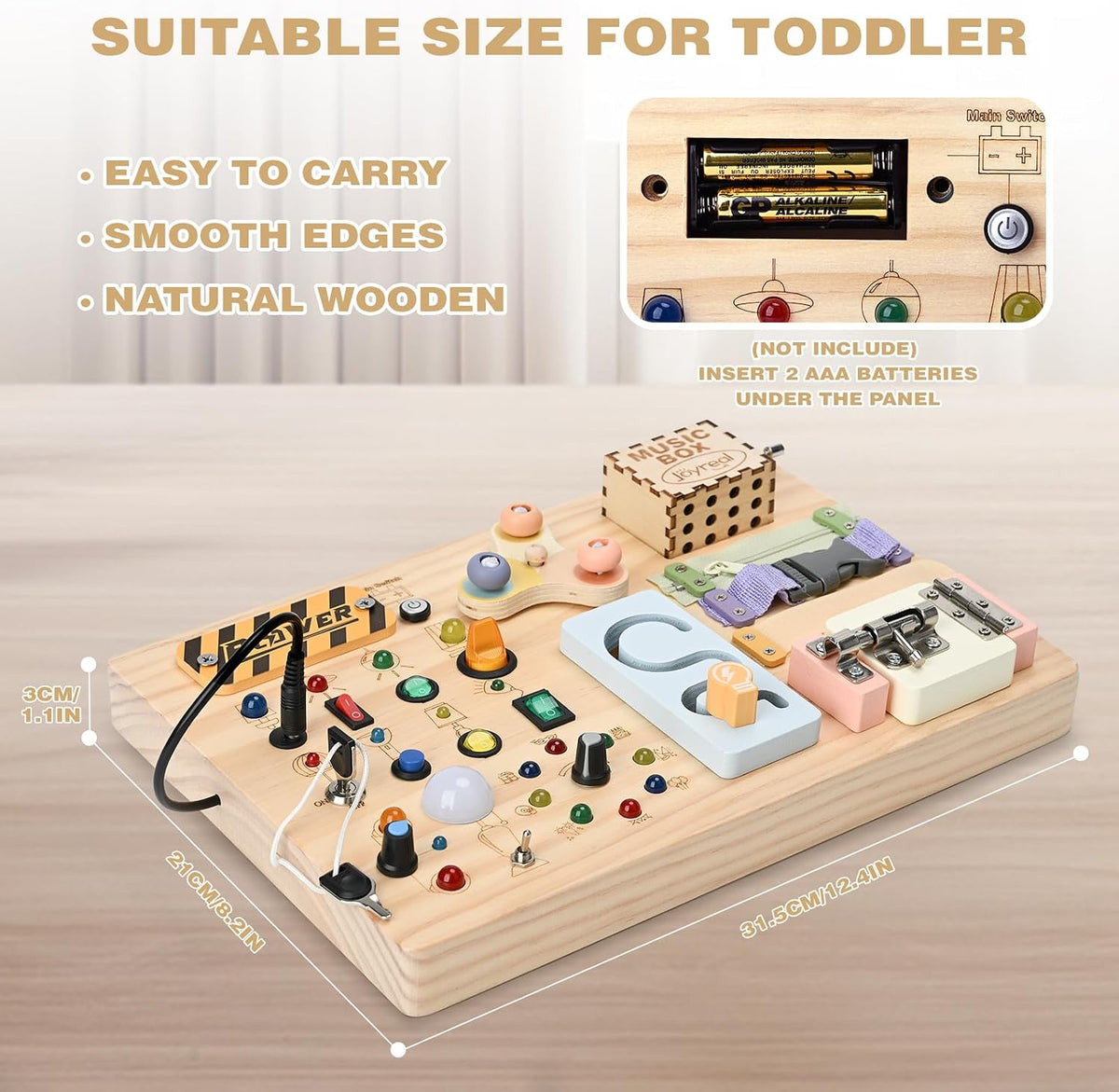 Joyreal Tablero Montessori de madera para niños pequeños, tablero de actividades sensoriales con luces LED, caja de música y cerraduras, juguete educativo de aprendizaje para niños y niñas