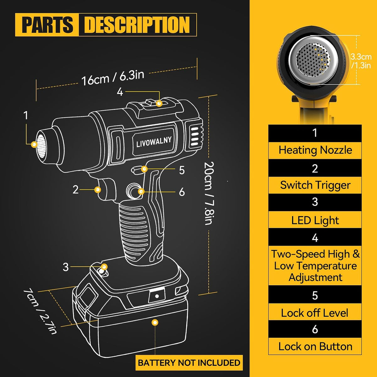 Pistola de calor inalámbrica compatible con batería Dewalt de 20 V (solo