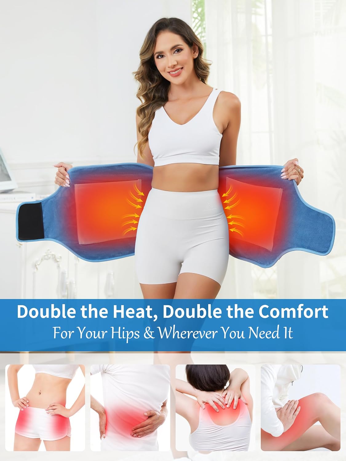 Almohadilla térmica de doble cadera para soporte de cadera, calentador de cadera de 12 V con batería y modos de frío caliente para caderas dobles, espalda y abdomen, muslos, hombros