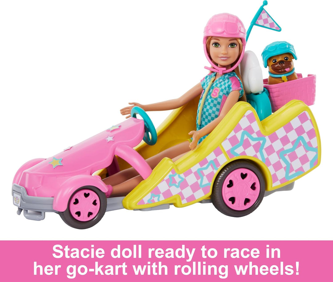 Barbie Stacie - Muñeca con coche de karts con ruedas rodantes, perr...