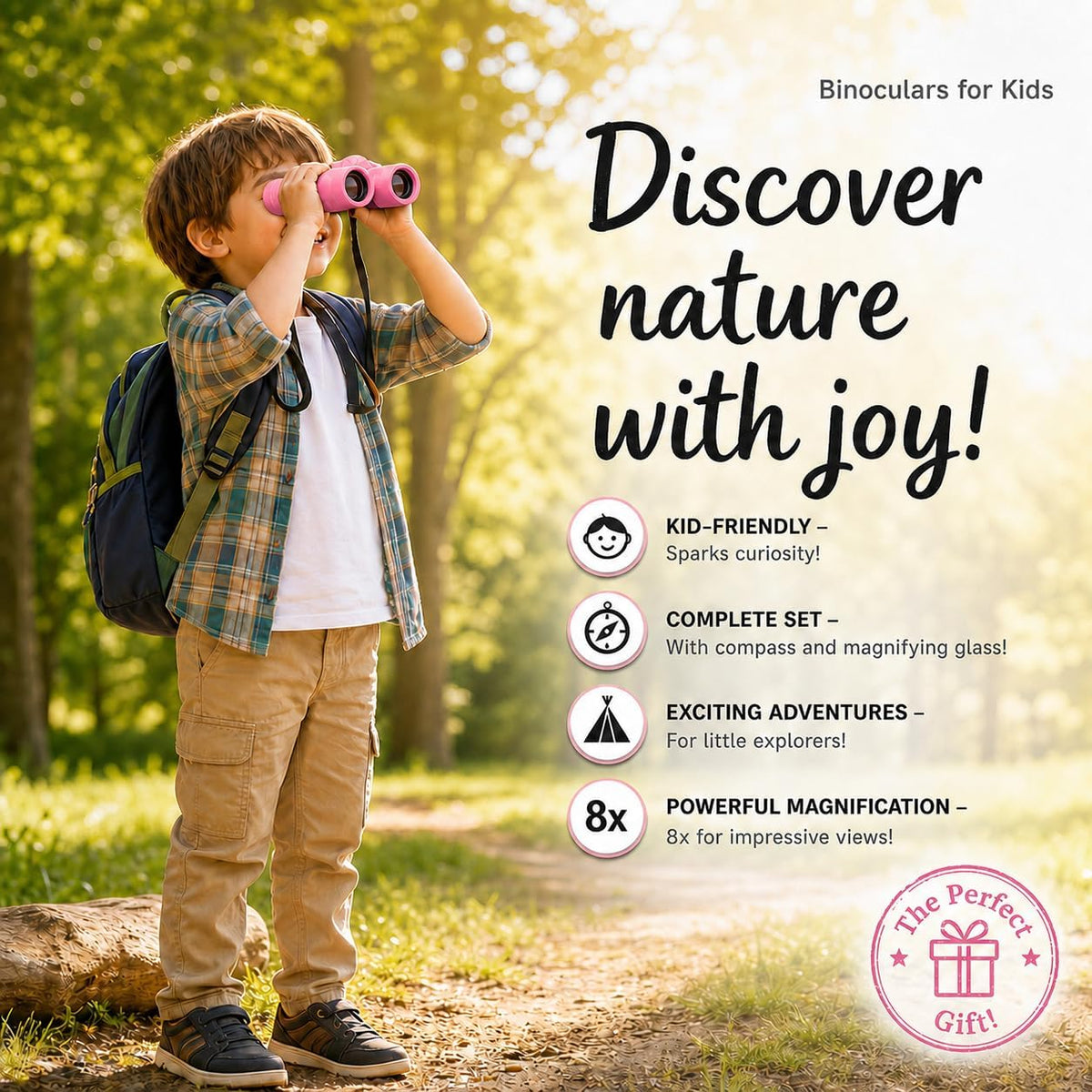Binoculares para niños – Juguete perfecto para niños pequeños y niñas – Juego extenso que incluye lupa y brújula – Potente aumento 8 x 21 – niños de 3 a 12 años para niños pequeños