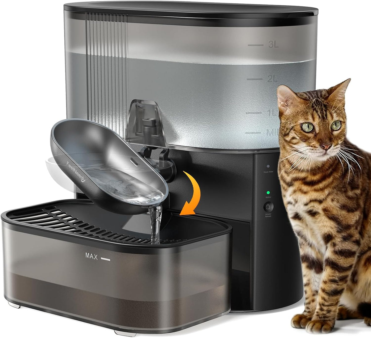 FEELNEEDY - Fuente de agua inalámbrica para gatos, sin filtros, separación de aguas residuales, cuenco de acero inoxidable, fuente de agua para mascotas de 3.5 litros para gatos y perros, dispensador