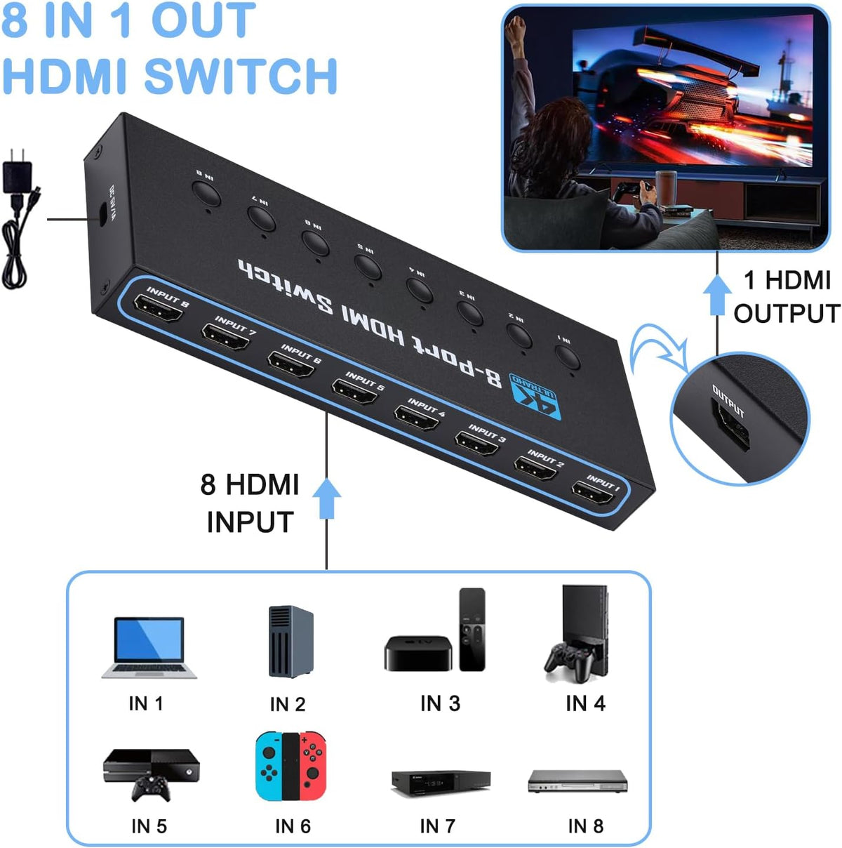 Interruptor HDMI 4K 8 en 1 salida, interruptor HDMI de 8 puertos con control remoto IR, compatible con 4K @30Hz, 3D, 1080P, HDMI 1.4, HDCP 2.2, Ultra HD para HDTV, PS3/4/5, consolas de juegos, etc
