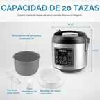 Aroma Housewares olla arrocera digital de 20 tazas (cocidas) (10 tazas sin cocer), olla de cocción lenta, vaporera de alimentos, exterior de acero inoxidable (ARC-150SB), negro