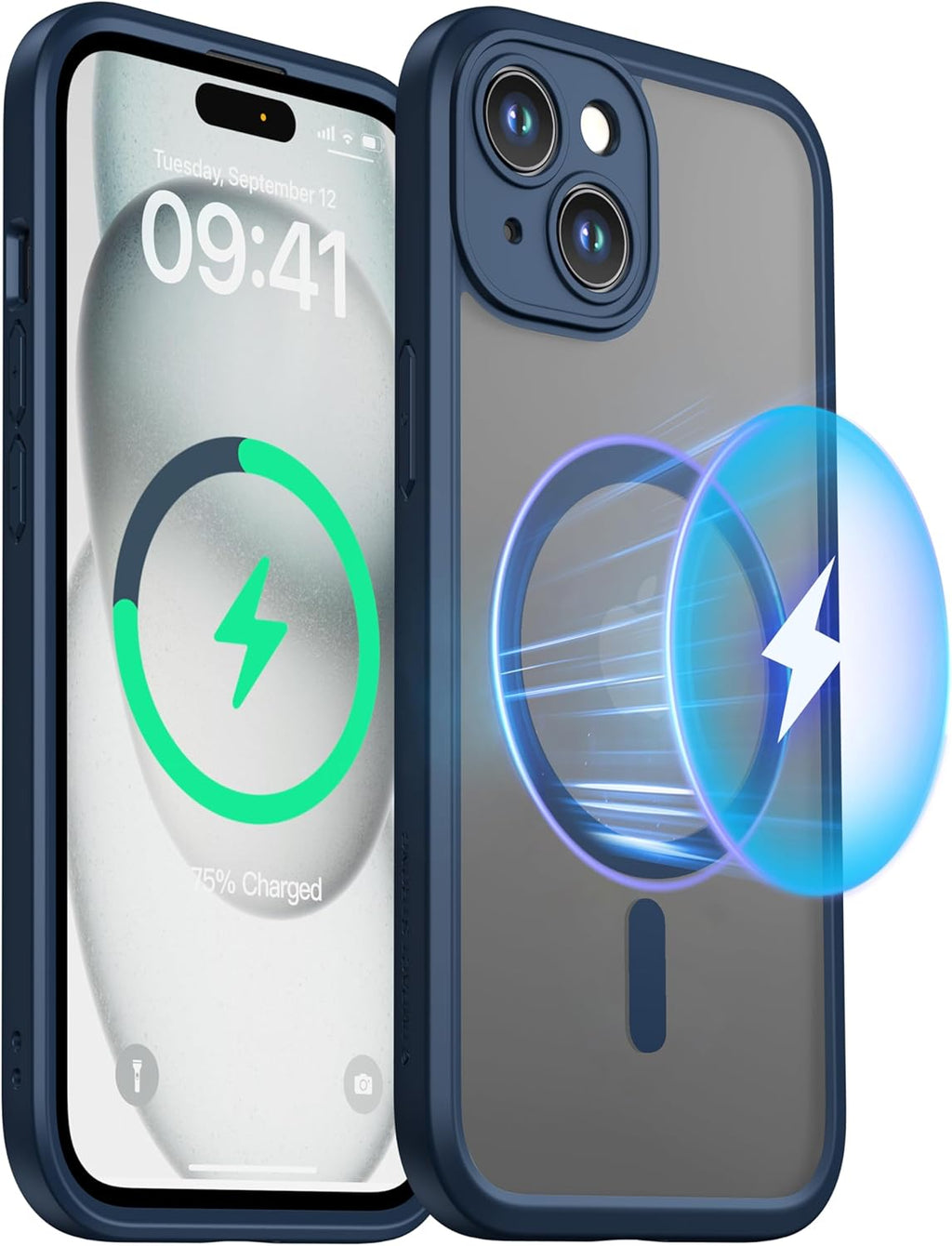 ImpactStrong Protector magnético diseñado para iPhone 15 [protección de cámara] [prueba de caídas de grado militar] [compatible con MagSafe] Funda delgada translúcida mate (6.1 pulgadas), azul marino