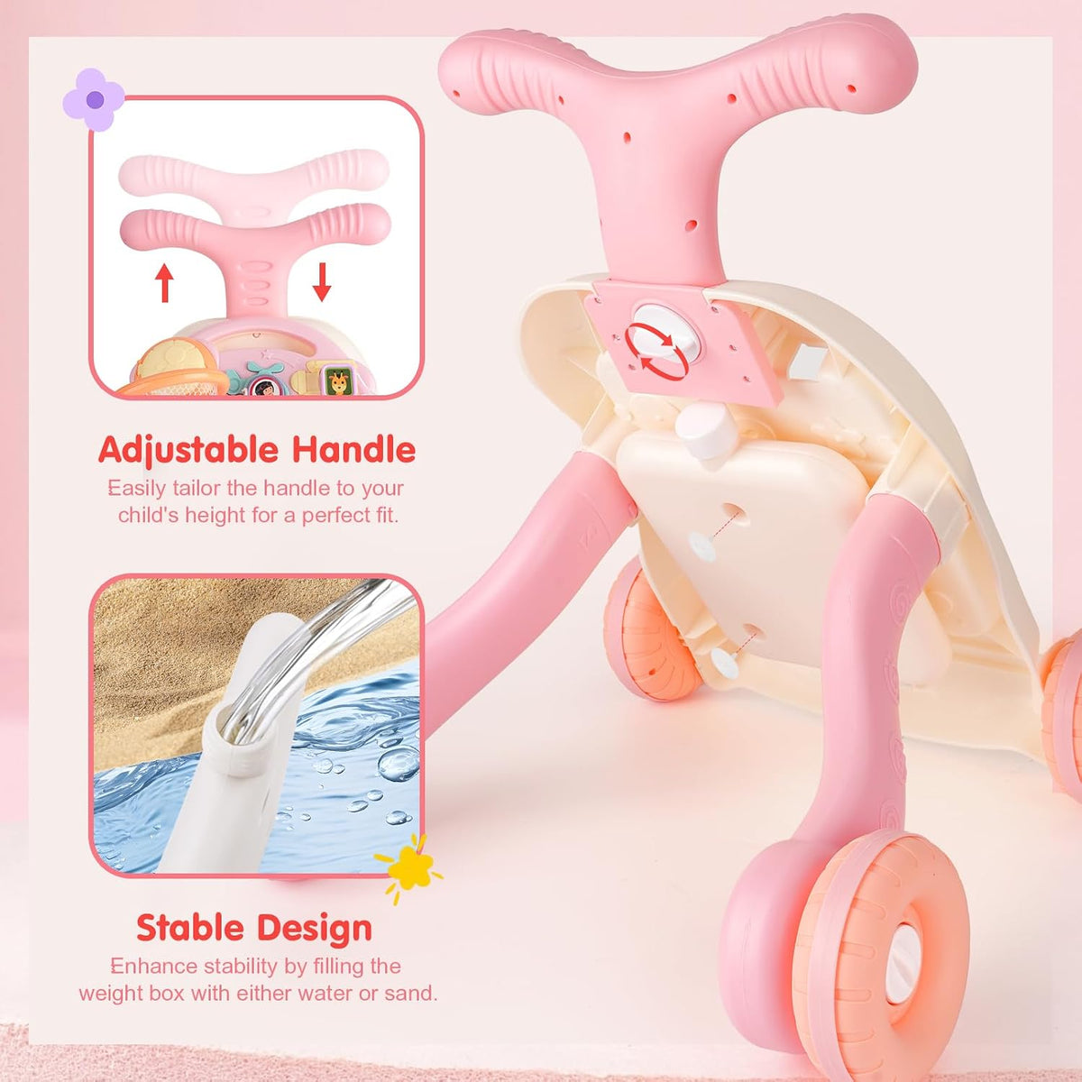 AuntyFey Baby Walker, 3 en 1 Push Walker para Niñas y Niños, Juguete para Aprender a Caminar para 1 Año, de Sentarse a Pararse, Juguete Andador para Niñas 12 Meses, Rosa