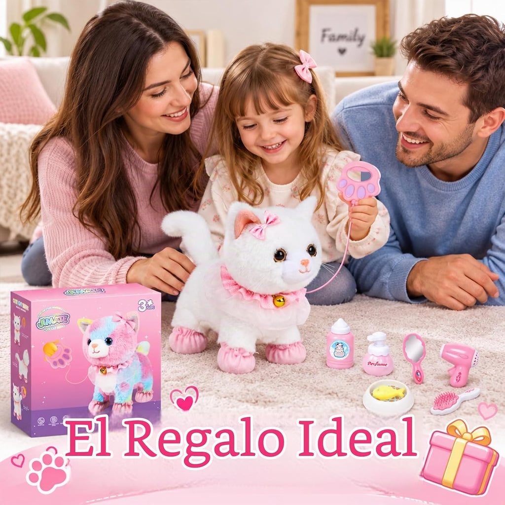 Juguete felino interactivo de peluche electrónico que camina y ladra, gato robot con control remoto para niñas (Gato blanco)