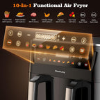 SyncCook - Freidora de aire de doble cesta grande de 10 cuartos con ventana de visualización y 50 revestimientos de papel, 10 en 1 con pantalla táctil digital de doble zona, freidora de aire SyncCook