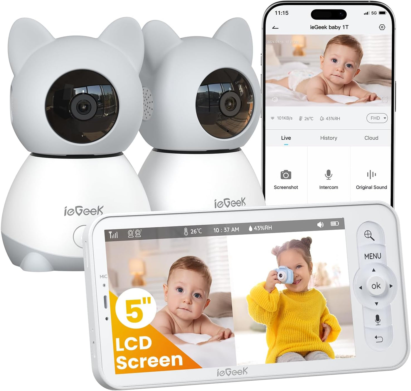ieGeek Vigilabebés con 2 cámaras y soporte de montaje para vigilabebés