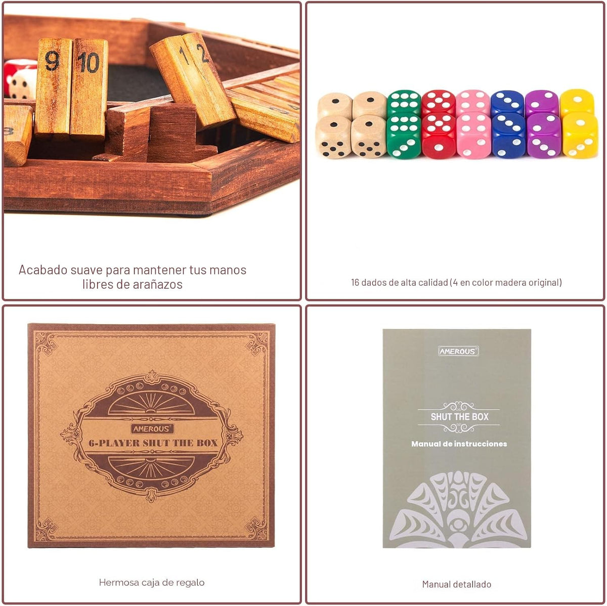 AMEROUS - Juego mejorado de dados "Shut The Box" para 1-6 jugadores, juego de mesa de madera para matemáticas con 16 dados para niños, adultos, familia, aula, hogar, fiesta o bar