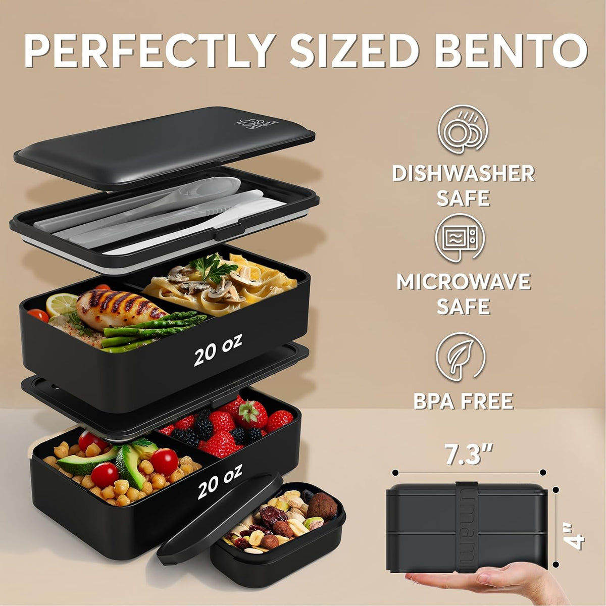 Caja Bento Umami All-In-1 para adultos con 4 utensilios, frasco grande para salsa, 2 separadores, 100% a prueba de fugas, apta para microondas y lavavajillas, apilable, contenedores para almuerzo para hombres/mujeres, negro mate, 40 oz