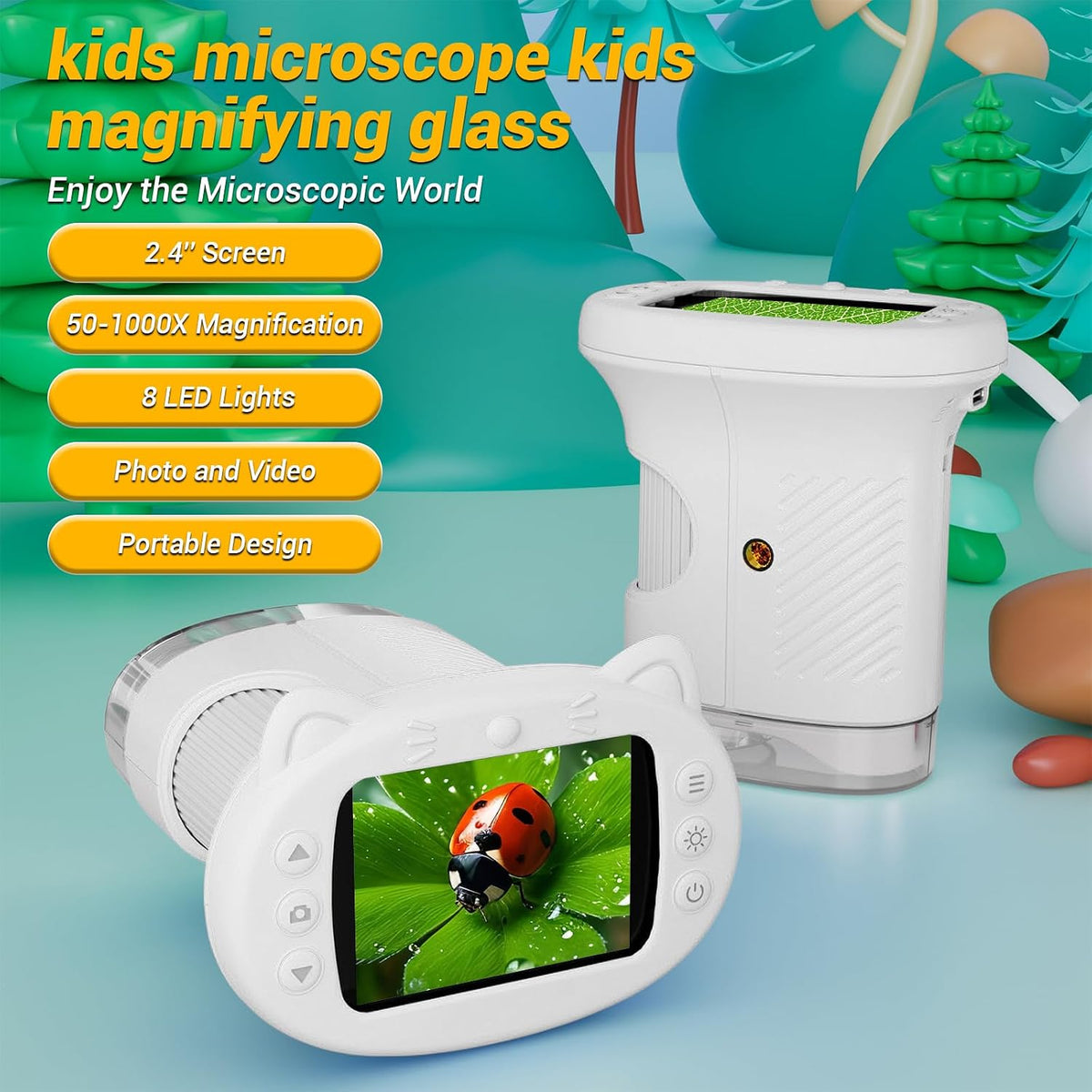 Microscopio de bolsillo de pantalla de 2.4 "para niños: Microscopio de mano 1000X para foto y video - Kits de ciencia portátiles Juguetes STEM - Regalos de Navidad/cumpleaños para niñas y niños de 3 a
