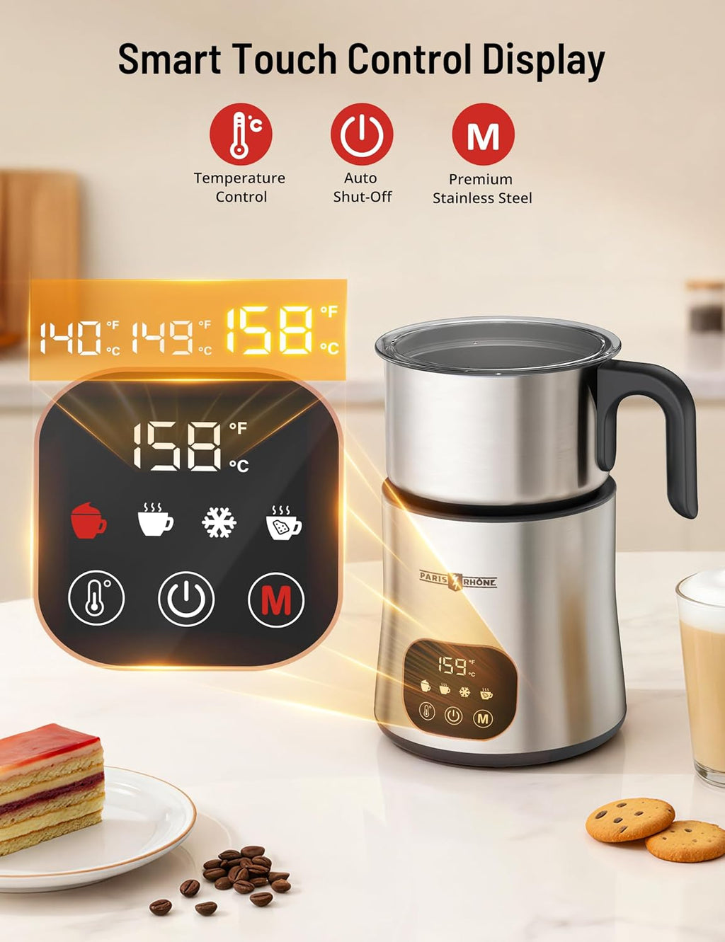 PARIS RHÔNE Espumador y Vaporizador de Leche, Calentador de Leche 4 en 1 con Control Táctil 650ml