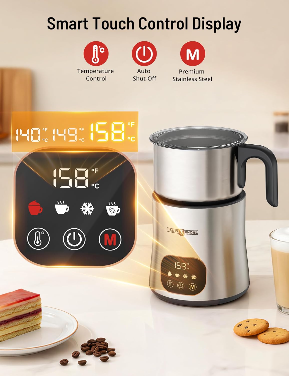 PARIS RHÔNE Espumador y Vaporizador de Leche, Calentador de Leche 4 en 1 con Control Táctil 650ml