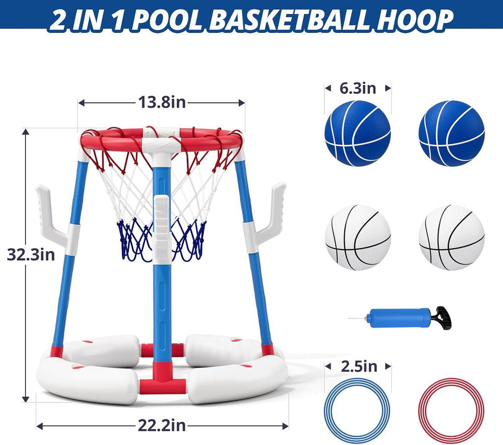 Juego de aro de baloncesto y lanzamiento de anillos 2 en 1 para piscina, base estable antipunta, incluye 4 pelotas de baloncesto, 8 anillos/bomba de bomba, juguetes flotantes de verano para piscina