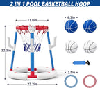 Juego de aro de baloncesto y lanzamiento de anillos 2 en 1 para piscina, base estable antipunta, incluye 4 pelotas de baloncesto, 8 anillos/bomba de bomba, juguetes flotantes de verano para piscina