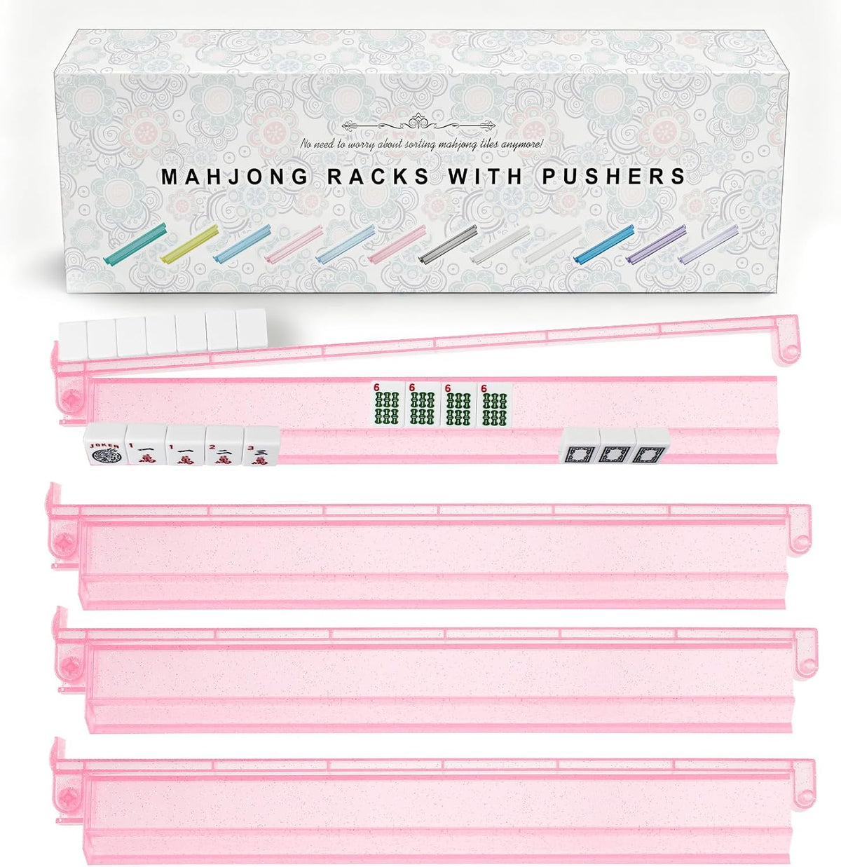 Racks transparentes premium para Mahjong con empujadores, paquete de 4 racks antideslizantes de acrílico