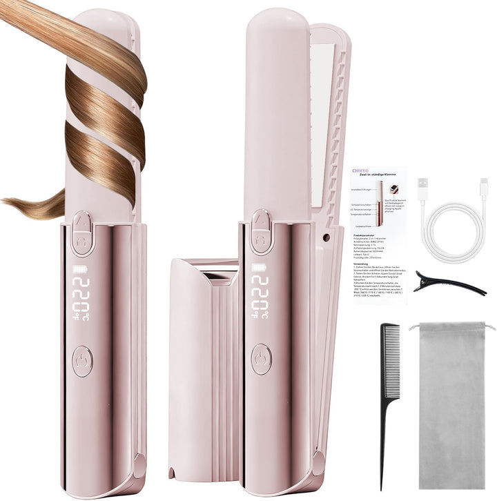 CHIKYO Plancha de pelo inalámbrica 2 en 1, rizador portátil sobre l...