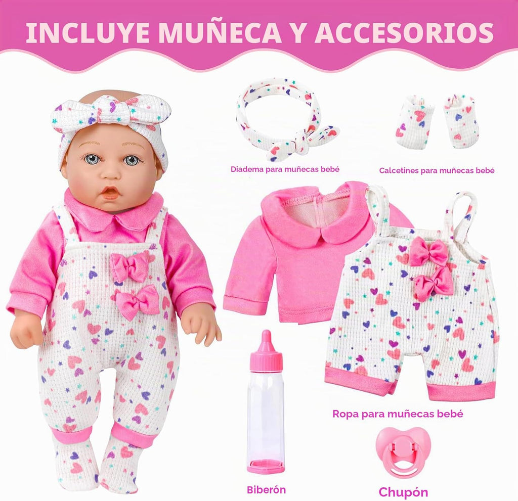 XFEYUE Muñeca de bebé de 12 pulgadas con lazo rosa conjunto de ropa para