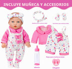 XFEYUE Muñeca de bebé de 12 pulgadas con lazo rosa conjunto de ropa para