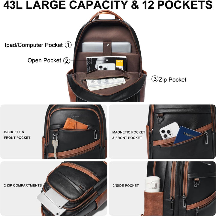 LATMAP Mochila de 43L para mujer: mochila de cuero vegano que se aj...